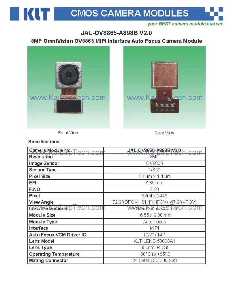 Jal-Ov8865-A898b V2.0 WiFi Camera 8MP Ov8865 Mipi Interface Auto Focus Camera Module